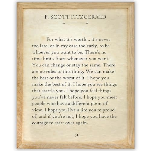 F. Scott Fitzgerald Quotes Wall Art-For What It's Worth-Vintage Wall Art Decor - 11x14 Framed Poster - Library Decor - Book Pages - Great Gatsby Decorations - Classic Book Quotes Inspirational Decor