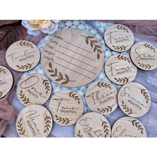 Simple gender neutral wood hospital birth name and stats announcement and monthly milestone markers, personalized leaf baby shower gift