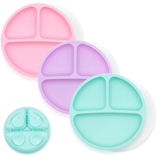 WeeSprout Suction Plates for Babies With Lids & Toddlers - 100% Silicone, Dinnerware Stays Put, Divided Design for Picky Eaters, Microwave & Dishwasher Friendly, 3 Pack