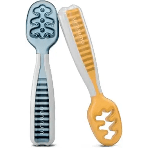 Baby Spoons Set, Baby Essentials Pre-Spoon GOOtensils for 6+ Months, First Stage Self-Feeding Spoons for Baby Led Weaning (BLW), Silicone Toddler Utensils, BPA-Free, 2 Pack Blue/Orange