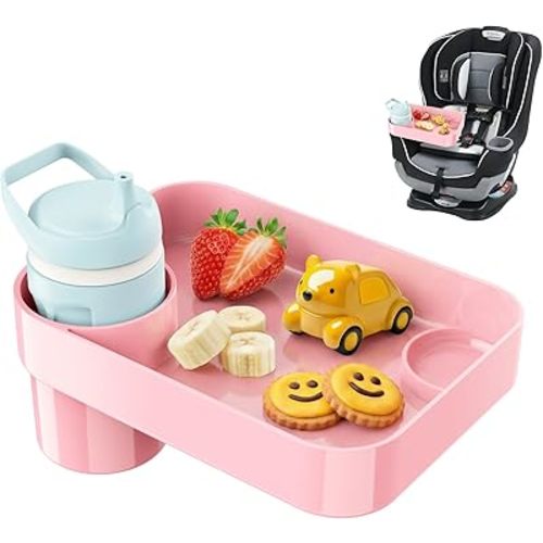 Car Seat Snack Tray for Toddlers - 3 Inch Cup Holder Fits Most Sippy Cups & Straw Bottles with Dip Well, Mess-Free Square Kids Travel Tray Road Trip Essentials, Pink