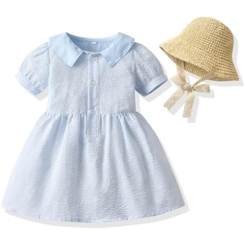 Toddler Girls Summer One-Piece Dress Baby Sundress with Straw Hat Princess Long Skirt Playwear Beachwear Dress Clothes Gift
