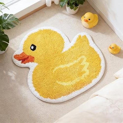 FYSUIMU Yellow Duck Bath Rug Cute Rubber Duck Shaped Tuft Bath Mat Non Slip Washable Decorative Floor Mat for Birthday Baby Shower Home Bathroom Decor