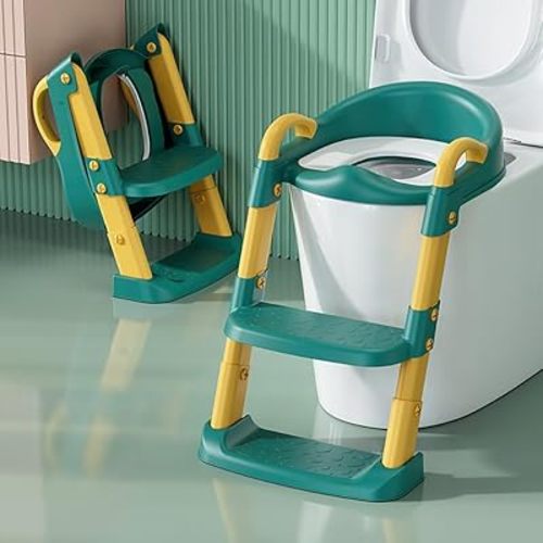Potty Training Toilet Seat For Boys Girls, Toddler Toilet Seat With Step Stool Ladder, Foldable Toddler Potty Seat For Toilet With Non-Slip Design, Adjustable Height (Blue & Yellow)