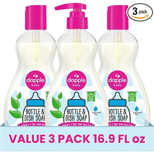 Dapple Baby Fragrance Free Bottle & Dish Soap - (3 Pack) 16.9 fl oz - Cleans Baby Bottles, Sippy Cups, Pacifiers, Breast Pumps, & More - Gently Removes Milk Film & Odors - Includes 1 Pump