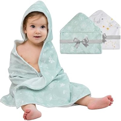 Mooreeke 2 Pack Toddler Towels - 100% Cotton Toddler Hooded Towels - Soft Baby Bath Towel with Hood for Newborn - Comfort Towel for Baby Girls and Boys - Animal Shaped (Flower & Star)