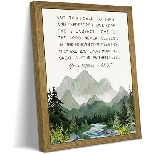 Christian Bible Verse Wall Art 8x10 Inch Framed Canvas Print, Lamentations 3:21-23 Scripture Quote Landscape Wall Decor Painting, Rustic Inspirational Religious Home Decor for Living Room Bedroom Office