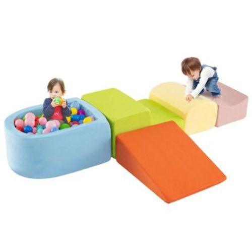 Costway 5PCS Climb and Crawl Playset with Ball Pit for Kids Zippers for Playroom Gray/Pink