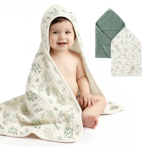 Tunnkit Hooded Towel for Newborn, 2 Pack Muslin Baby Bath Towel for Kids, Toddler and Infant, 32x32 Inch Soft and Absorbent Essentials for Babies (Sage Green and sage Leaf)