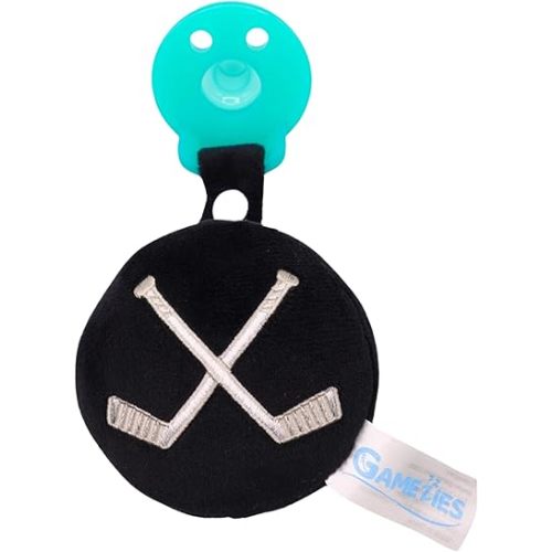 Gamezies Baby Boy and Girl Silicone Pacifier with Detachable Sports Plush Toy Holder, Hockey Puck