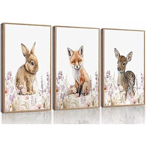 TOLAN 3 Pcs Safari Animals Nursery Canvas Wall Art Girl Animal Floral Woodland Watercolor Prints Pictures Wall Decor Rabbit Fox Deer Watercolor Poster Printing Artwork for Girls Room Unframed