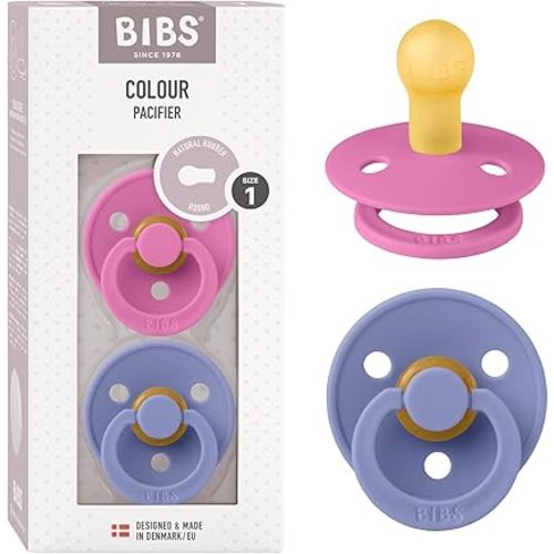 BIBS Colour Pacifiers | Set of 2 BPA-Free Latex Baby Pacifiers | Round Nipple | Made in Denmark (Bubblegum/Peri | 0-6 Months)