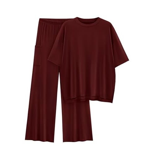 KIRUNDO Womens 2 Piece Outfits 2026 Summer Casual Loose Short Sleeve Pullover Tops & Wide Leg Pants Lounge Sets Tracksuit