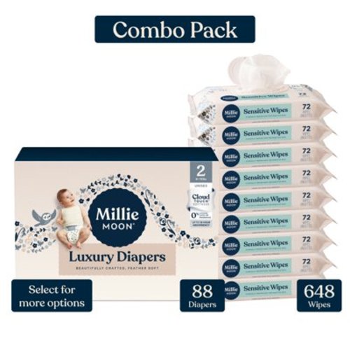Millie Moon Luxury Diapers, Size 2, 88 Count, and Millie Moon Sensitive Baby Wipes, 9 Pack, 648 Wipes (Select for More Options)