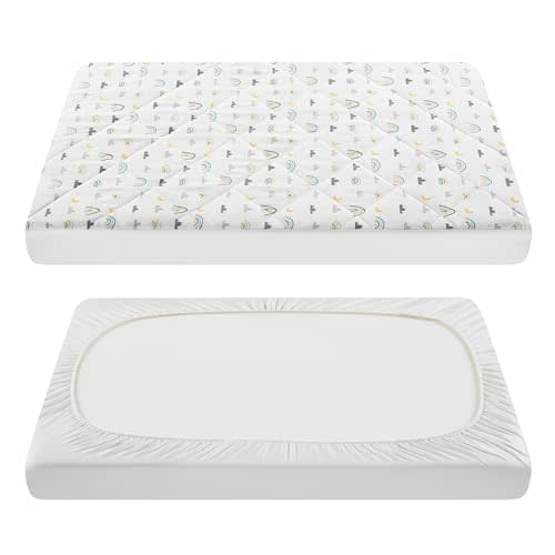TILLYOU Pack and Play Sheet - Soft Quilted Crib Cover Pad, Toddlers Mattress Protector with 1''-3'' Deep Pocket, Thick Play Yard Playpen Sheets, Crib Mattress Pad 39"x27", Raindrop