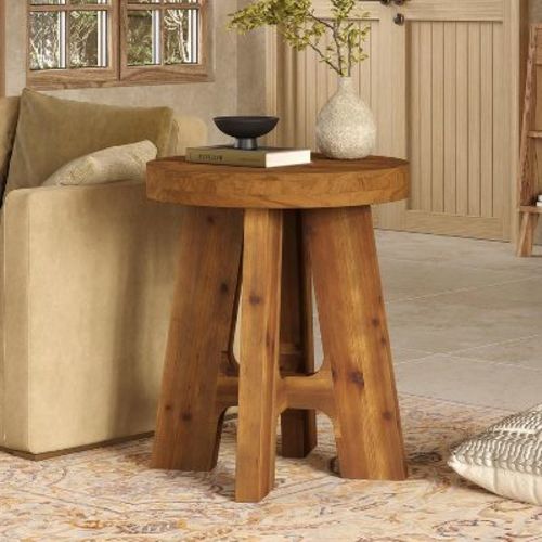 Lantine Round Side Table, Farmhouse Solid Wood End Table for Couch, Small Bedside Table for Bedroom, Living Room, Brown