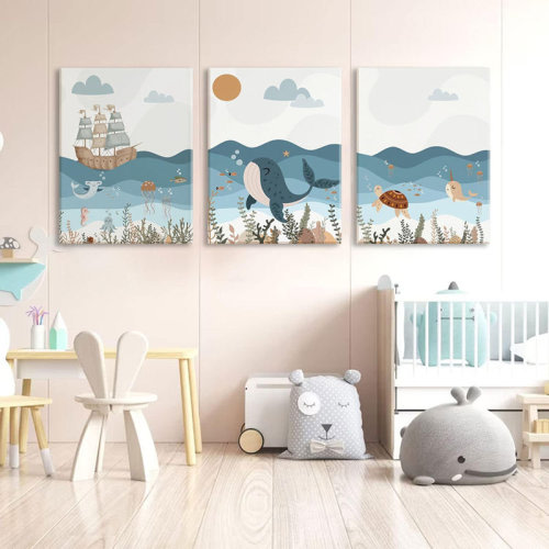 Breakwater Bay Framed Blue Ocean Nautical Nursery Canvas Wall Art Sea Turtle Whale Animal Painting Picture Set Of 3 Kids Prints Poster Wall Decor For Baby Children's Room Bedroom Bathroom 12"X16" | Wayfair