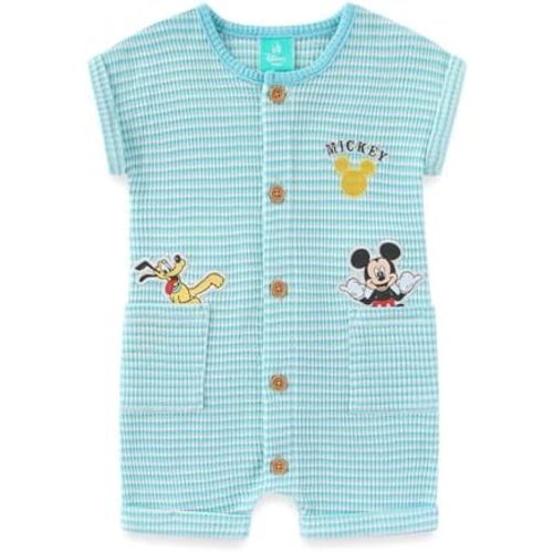 Disney Mickey Mouse Baby Boys Button Up Waffle Knit Romper for Newborn and Infant