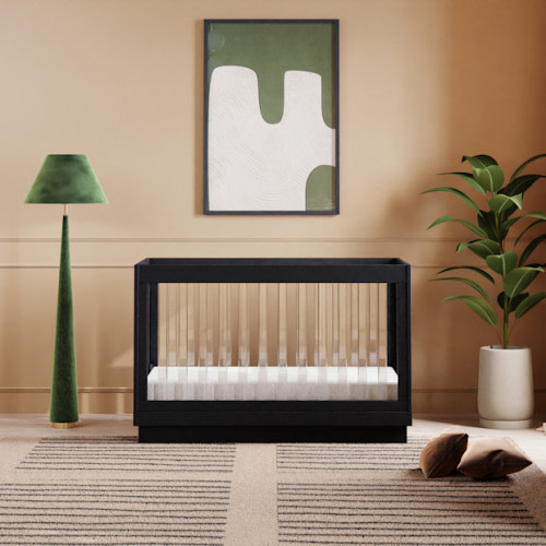 babyletto Harlow Acrylic 3-in-1 Convertible Crib with Toddler Bed Conversion Kit - Black With Black Base And Acrylic Slats