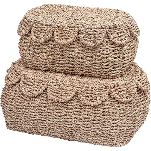 Set of 2 Hand Round Wicker Storage Baskets