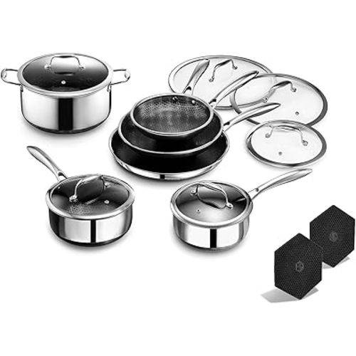 HexClad Hybrid Nonstick 14-Piece Cookware Set, 8", 10", and 12" Pans with Lids, 2, 3, and 8Qt Pots with Lids, and 2 Silicone Trivets, Stay-Cool Handles, Dishwasher and Oven-Safe, Induction Ready