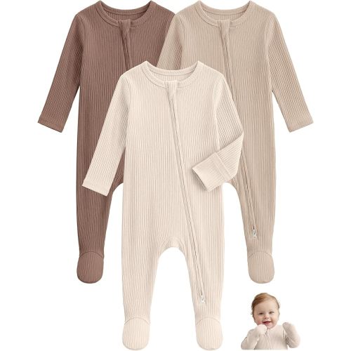Unnivoll Baby Pajamas Baby Sleepers Rayon From Bamboo for 3-6 Months 3Pcs Footie Pajamas Baby Boys Girls Clothes, Soft Infant Footed PJs with Mitten Cuffs, Two Way Zipper, Long Sleeve