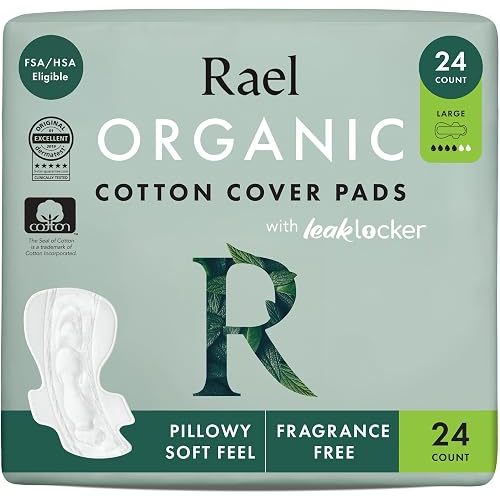 Rael Pads for Women, Organic Cotton Cover - Period Pads with Wings, Feminine Care, Sanitary Napkins, Heavy Absorbency, Unscented (Large, 24 Count)