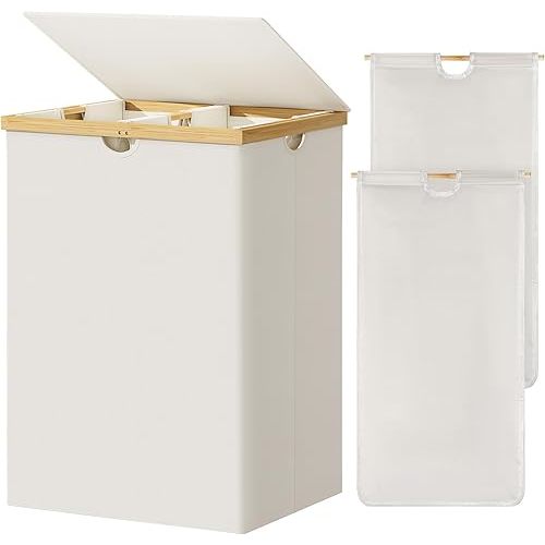 WOWLIVE 165L Double Laundry Hamper with Lid Bamboo Laundry Basket 2 Section,Large Dirty Clothes Hamper with Removable Bags, Laundry Bin Organizer Storage for Dorm,Bedroom,Bathroom,Beige