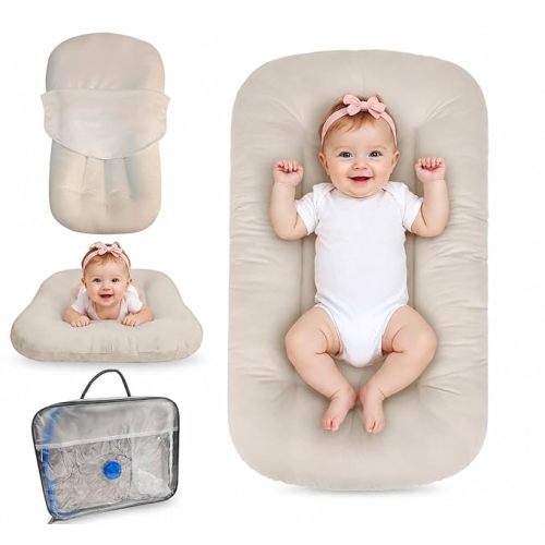 Baby Lounger for Newborn 0-24 Months, Bionic Design Infant Floor Seats & Loungers for Home and Travel, Soft Organic Cotton Baby Lounger, Newborn Babies Shower Gifts (White)