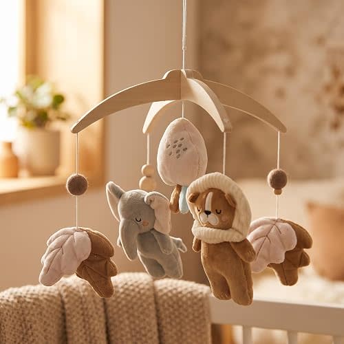 let's make Baby Crib Mobile, Soft Crystal Velvet Plush Hanging Nursery Decor with Forest Animals, Gender Neutral Earth Tones, Arm Sold Separately (Elephant)