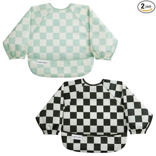 Tiny Twinkle Long Sleeve Bib for Babies & Toddlers | 2-Pack Waterproof Smock Bib for Eating | Machine Washable & Mess-Proof Feeding Essentials | Newborn Shower Gift (Black,Sage Checkers, 6-24M)