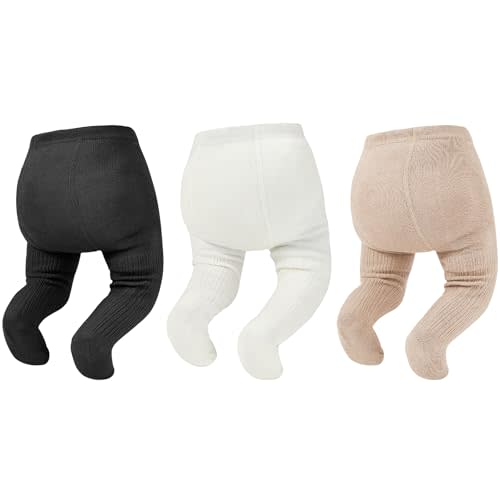 Zando 3Pack Newborn Baby Girl Tights Cable Knit Cotton Warm Leggings 0-4T | Soft Cotton Footed Seamless Stockings for Infant Toddler Tights Pantyhose, Cozy Winter Daily Festival Wear, Baby Shower Gifts
