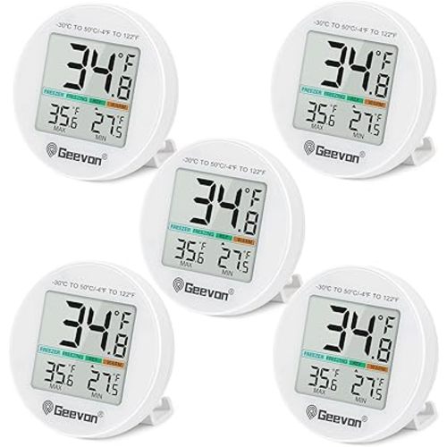 Geevon Small Digital Refrigerator Thermometer 5 Pack, IP65 Waterproof Commercial and Home Use, Max/Min Record Function with LCD Screen, Stand and Magnetic Back, for Fridge, Freezer Scenarios