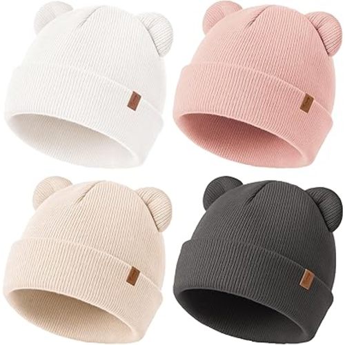 Konssy 4 Pack Baby Winter Hat with Bear Ears, Warm Rib Baby Knit Beanie for Newborns & Infants, Cozy Hat 0–6 Months