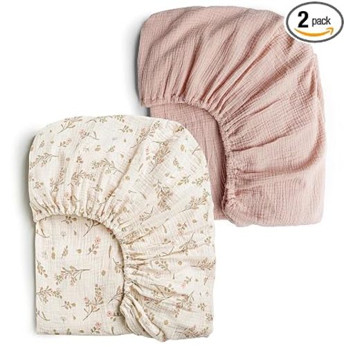 Konssy 2 Pack Muslin Crib Sheets for Standard Crib Mattress, 52" x 28" | 100% Cotton, Soft & Breathable, 360° Elastic Snug Fit, Solid & Printed Designs for Baby Girls & Boys (Floral,Pink)