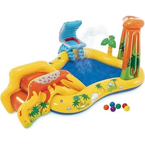 Intex Inflatable Kids Dinosaur Play Center Outdoor Playhouse Inflatable Pool Water Park with Slide, Water Sprayer, Waterfall, and 6 Balls, Multicolor