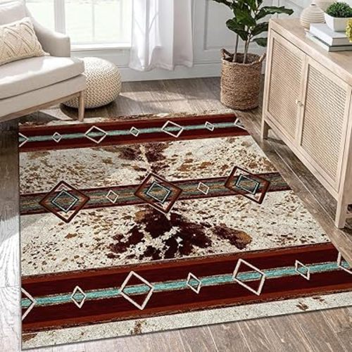Western Area Rug 5x7 ft – Southwestern Rustic Rug with Cowhide Print and Geometric Diamond Pattern – Non Slip Washable Carpet for Living Room, Bedroom, Cabin Lodge Decor
