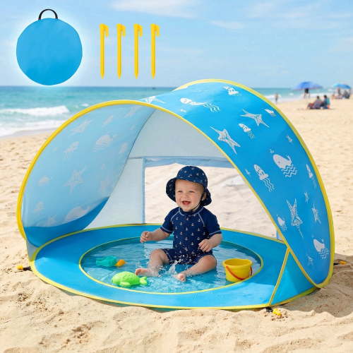 Wilwolfer Baby Beach Tent, Blue Pop-Up Sun Shade with UV Protection, Mini Pool, Outdoor Playhouse