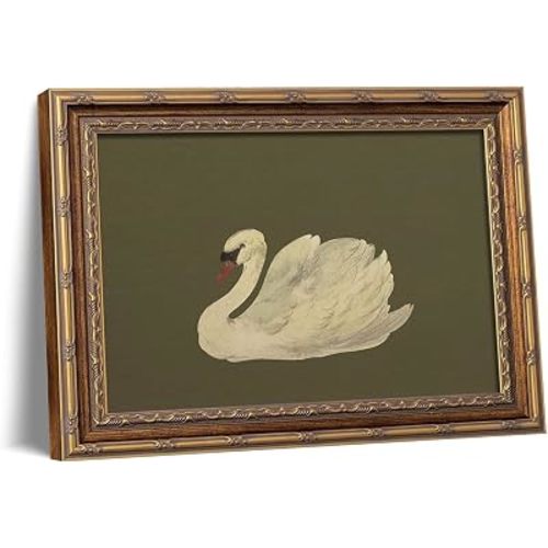 Gold Framed Vintage Swan Wall Art, Retro Sage Green Oil Painting Canvas Print, Antique Swan Pictures Wall Decor for Bathroom Bedroom Living Room Kitchen, 9x11 Inch