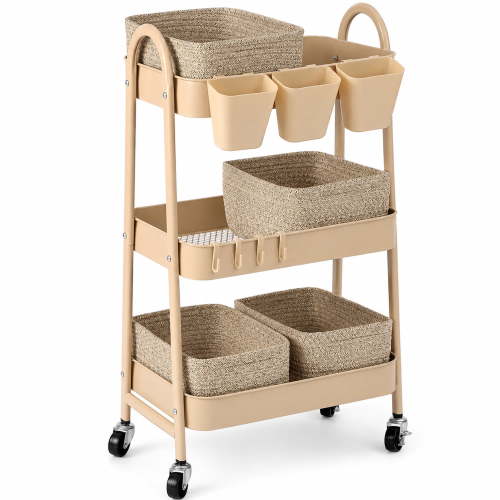 3-Tier Rolling Utility Cart with 4 Woven Baskets, Diaper Book Snack Cart, Storage Organizer for Nursery, Kitchen, Craft Room, Home SPA, Living Room, Metal Frame Trolley on Lockable Wheels, Brown