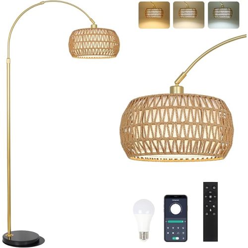 Gold Floor Lamps for Living Room, Arc Floor Lamp with Remote & Dimmable Bulb, Boho Rattan Standing lamp with 3 Color Temperatures, Height Adjustable Tall Lamp for Bedroom, Over Couch Reading Lamp