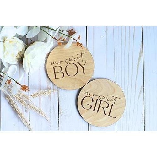 Generic FELIXTA SET 2 OF He's Here/She's Here Wooden Baby Announcement Sign, WHITE (07)