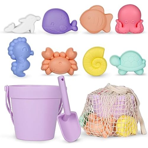 MarcZero 11Pcs Silicone Beach Toys,Modern Baby Beach Toys,Travel Friendly Beach Set,Silicone Bucket, Shovel, 8 Sand Molds, Beach Bag,Silicone Sand Toys for Toddlers, Kids (Begie)