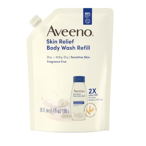 Aveeno Skin Relief Body Wash Refill, Fragrance-Free, 36 fl. oz | Triple Oat Formula, Gentle Daily Cleanser for Sensitive Skin, Leaves Itchy, Dry Skin Feeling Soothed & Moisturized