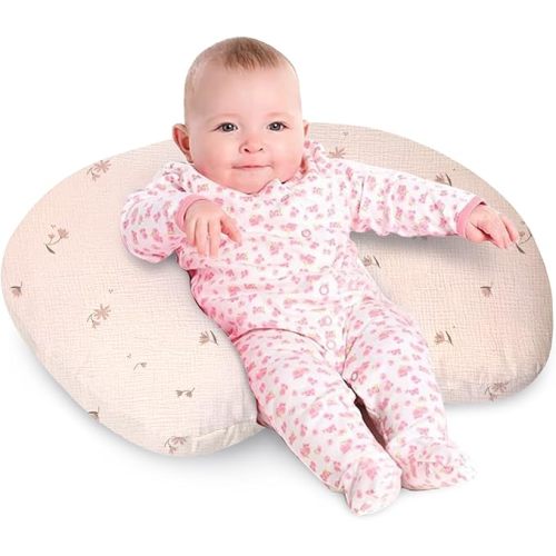 Little Grape Land Nursing Pillow, Soft 100% Cotton Breastfeeding Pillow with Breathable Muslin Cotton Removable Cover, Fog Flower Breast Feeding Pillows for Babies 0-12 Months with Protective Zipper