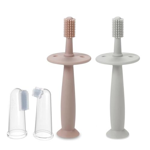PandaEar Lot de 3 brosses à dents en silicone pour bébé - Rose + bleu - Jouets de dentition - Entraînement des soins bucco-dentaires pour nourrissons à partir de 3 mois