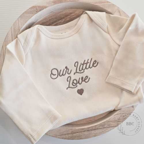 Embroidered Our Little Love Onesie® Girl, Boy, Pregnancy Announcement Onesies® Brand,  Baby Cute Onesie® Custom Natural Neutral Bodysuit C20