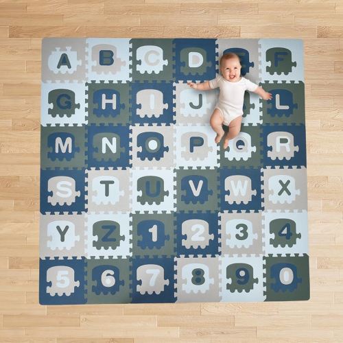 CHILDLIKE BEHAVIOR Baby Play Mat - 72x72-Inch Soft Foam Interlocking Tiles with ABC and Numbers - Educational Activity Mat for Crawling Infants and Toddlers - Waterproof Playmat, Blue, Gray, Turquoise