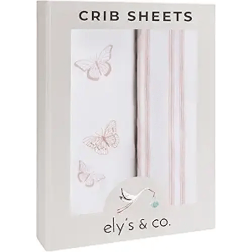 Ely’s & Co. Crib Sheets, Baby Girl Fitted Crib Mattress Sheet Set, 2 Pack, 100% Jersey Knit Cotton, Infant and Toddler Nursery Bedding, Pink Butterfly + Stripes Print, 28” x 52”