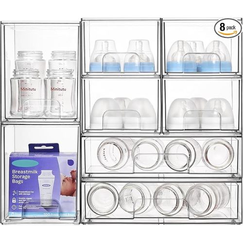 Vtopmart Stackable Storage Drawers Set of 8, Clear Plastic Organizer Bins for Bathroom Supplies,Ideal for Cabinet,Pantry,Laundry Room Organization